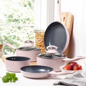 Cermalon 5-Piece Matt Blush Pink with Grey Sparkle Ceramic Non-Stick Pan Set
