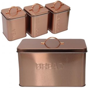 Rose Gold 4 Pc Kitchen Storage Set Bread Bin Tea Coffee Sugar Canisters Jars Lid