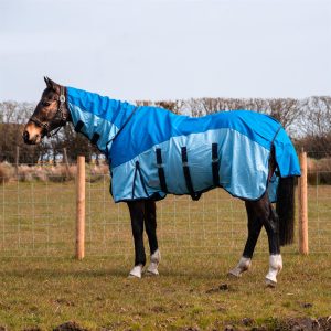 600D 2 in 1 Waterproof Fly Turnout Mesh Horse Rug Fixed Neck 2 Blue's 5'6-6'9