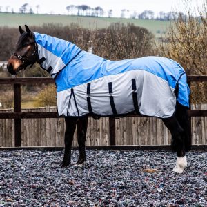 600D 2 in 1 Waterproof Fly Turnout Mesh Horse Rug Fixed Neck Blue/Grey 5'6-6'9