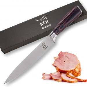 KOI ARTISAN Professional Carving Knife - 7.7 Inch Razor Sharp Blade - High Carbon Stainless Steel Japanese Carving Knives -Stylish Damascus Chef Knife Pattern Laser Etched- Perfect for Meat Cutting