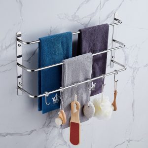 THREE Stagger Layers Towel Rack Upgraded with SIX Movable Hooks Stainless Steel Towel Bars Bathroom Accessories Set for Hanging Bath Sponge and Towels Bright Polishing 23.62 inches KJWY005YIN-60CM