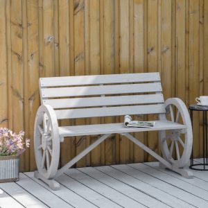 2 Seater Garden Bench Outdoor Armrest Chair w, Wooden Cart Wagon Wheel Grey