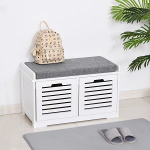 2-Door,3-Door Shoe Storage Bench w, Cushion Seat Slatted Doors Elevated Base