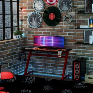 Gaming Desk Steel Frame w, Cup Headphone Holder Adjustable Feet Red