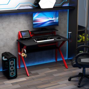 Gaming Desk Computer Table w, Cup Holder Headphone Hook, Cable Basket Red