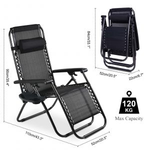2 x Sun Lounger Garden Chairs with Cup Holder and Headrest Pillow Zero Gravity Chair Heavy Duty Textoline Chair Black